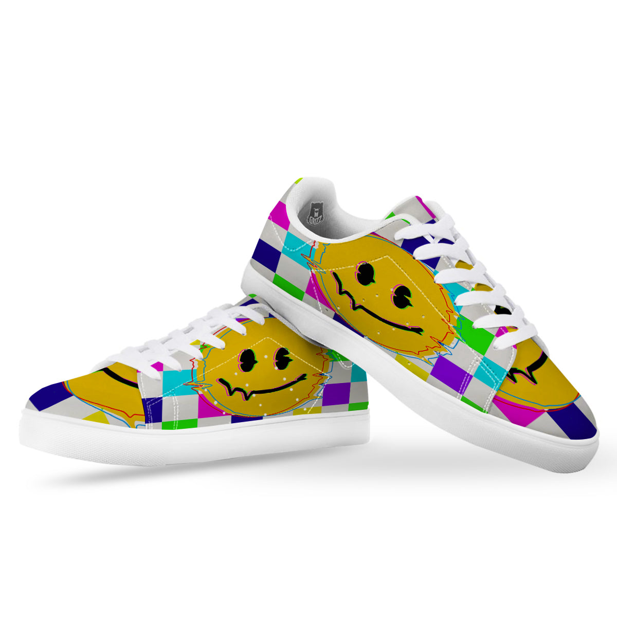 Funny Crazy Glitch And Checkered Neon Print White Low Top Sneakers-grizzshop