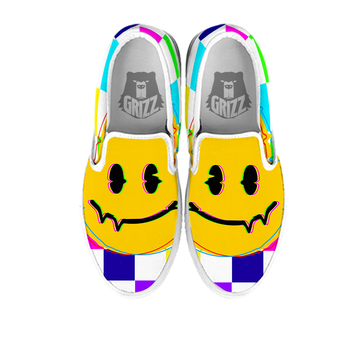 Funny Crazy Glitch And Checkered Neon Print White Slip On Shoes-grizzshop