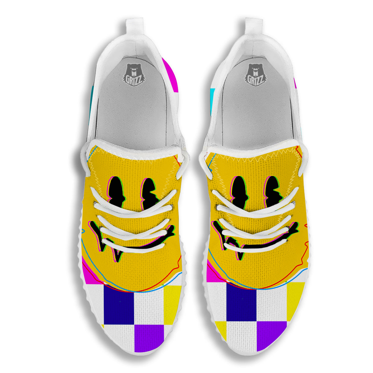 Funny Crazy Glitch And Checkered Neon Print White Walking Shoes-grizzshop