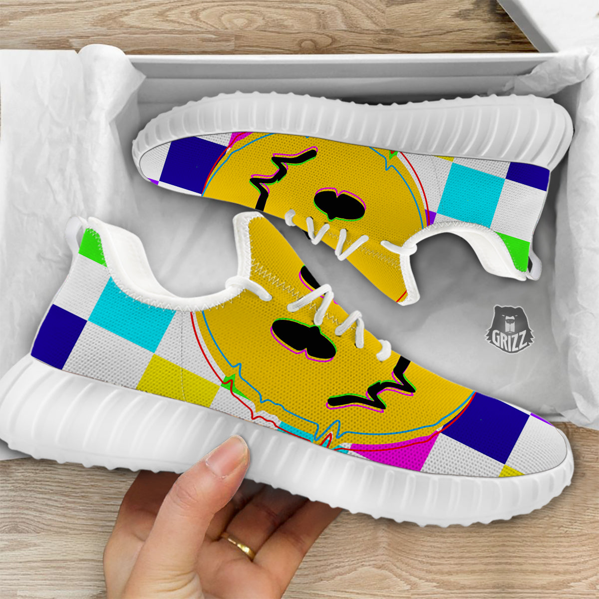 Funny Crazy Glitch And Checkered Neon Print White Walking Shoes-grizzshop
