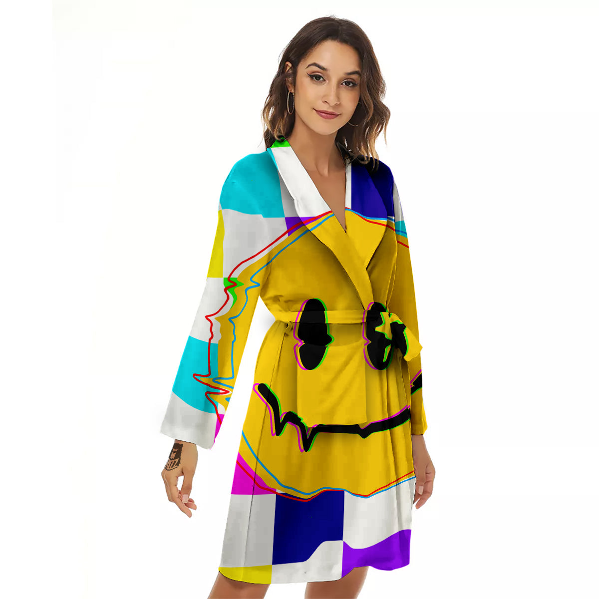 Funny Crazy Glitch And Checkered Neon Print Women's Robe-grizzshop