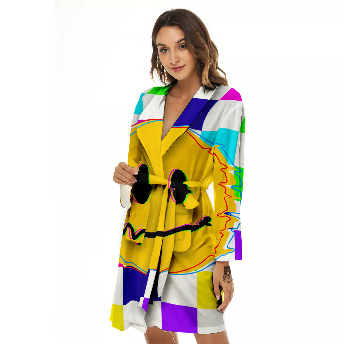 Funny Crazy Glitch And Checkered Neon Print Women's Robe-grizzshop