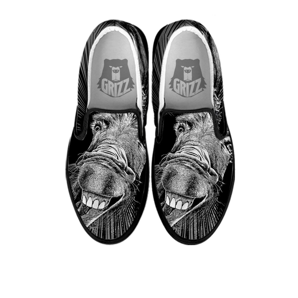 Funny Donkey White And Black Print Black Slip On Shoes-grizzshop