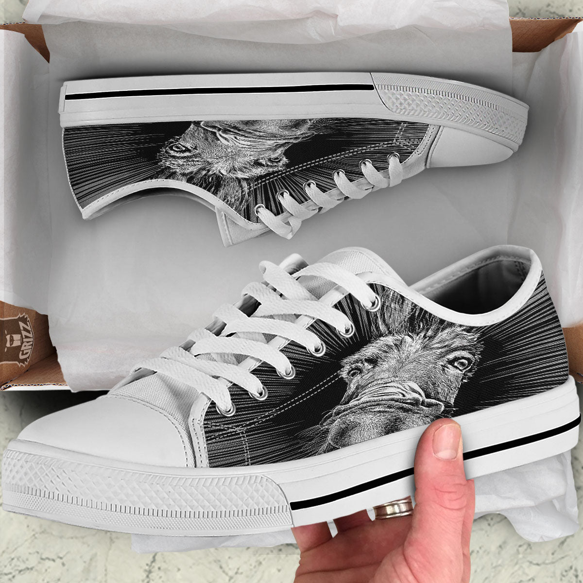 Funny Donkey White And Black Print White Low Top Shoes-grizzshop
