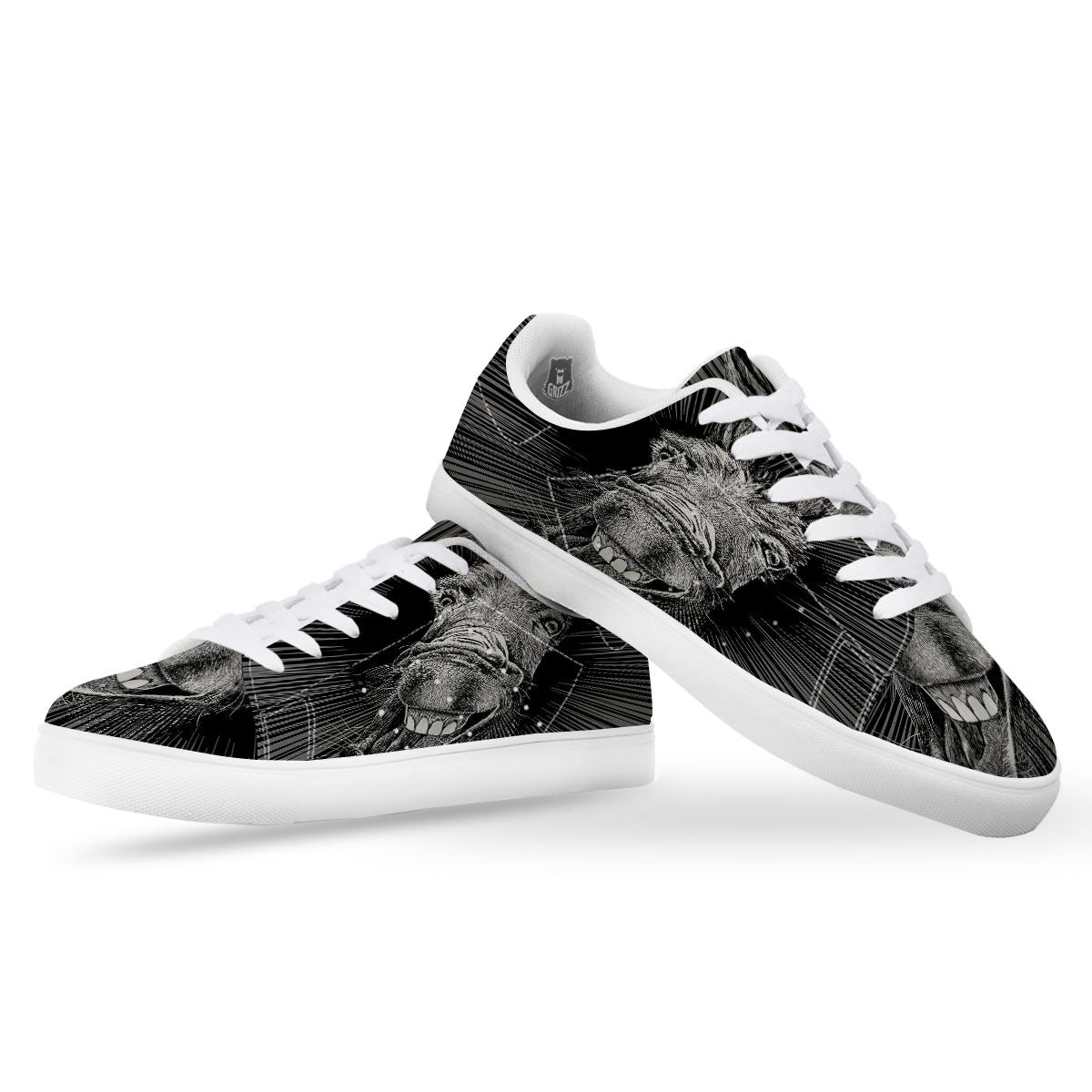 Funny Donkey White And Black Print White Low Top Sneakers-grizzshop