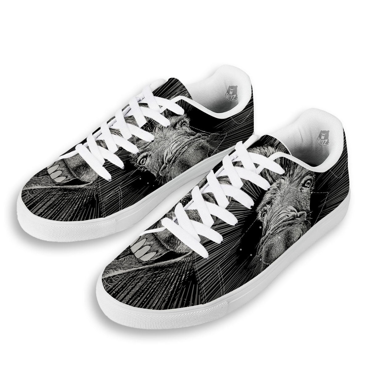 Funny Donkey White And Black Print White Low Top Sneakers-grizzshop