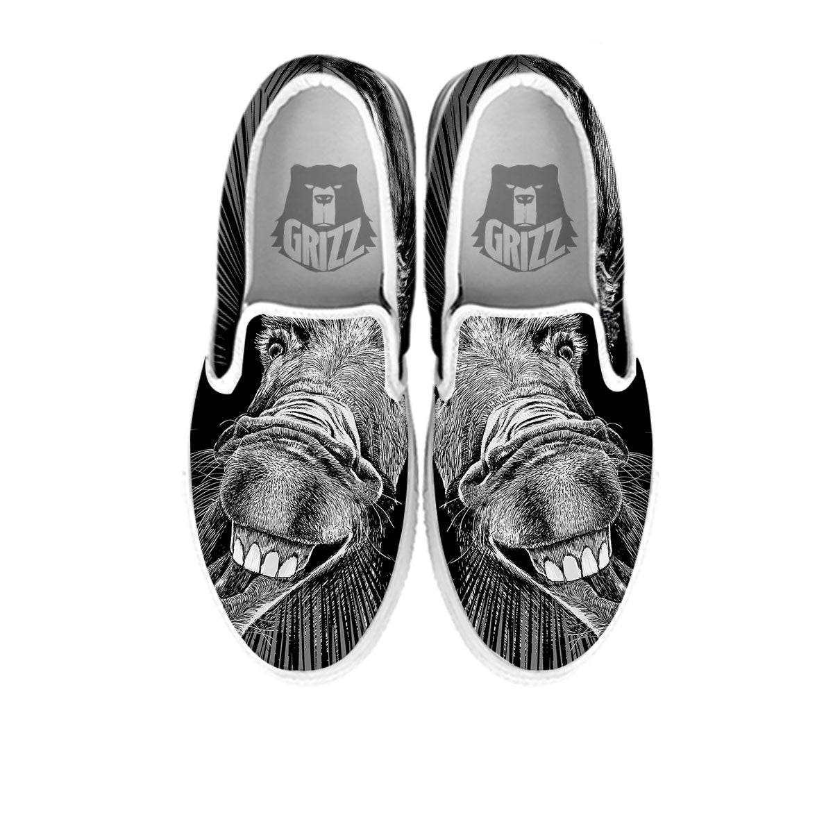 Funny Donkey White And Black Print White Slip On Shoes-grizzshop