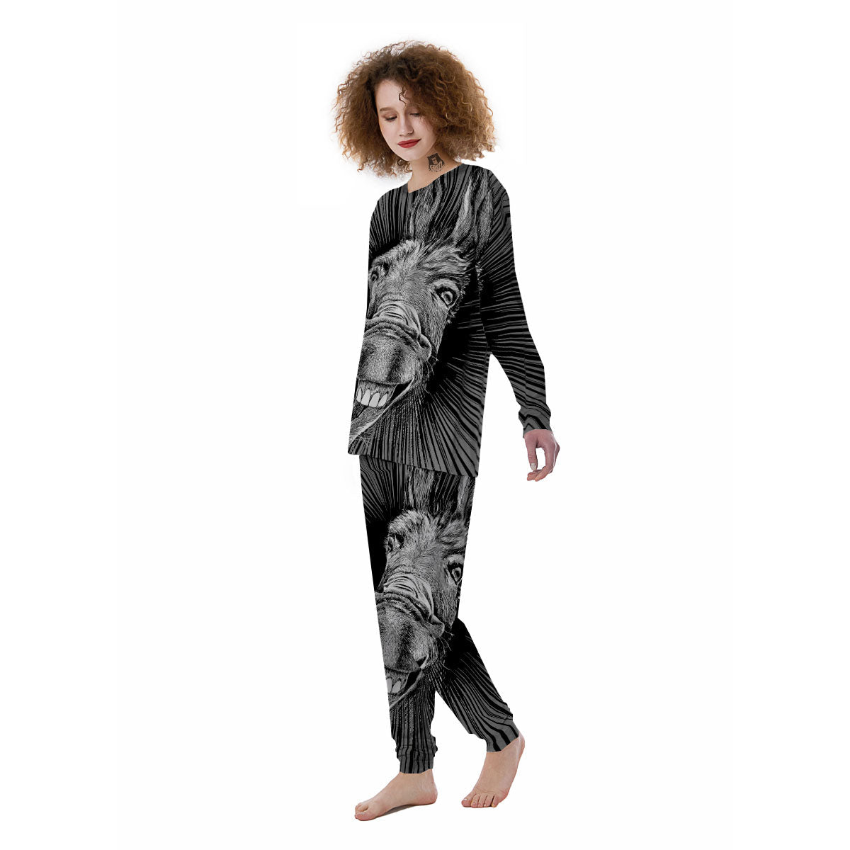 Funny Donkey White And Black Print Women's Pajamas-grizzshop