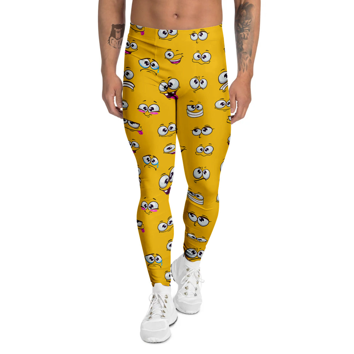 Funny Face Emoji Cartoon Print Pattern Men's Leggings-grizzshop