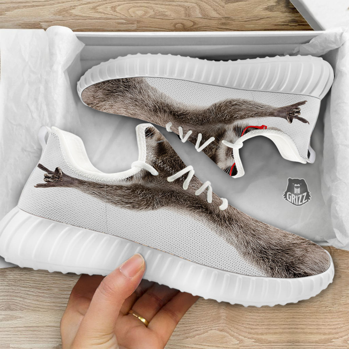Funny Raccoon Print White Walking Shoes-grizzshop
