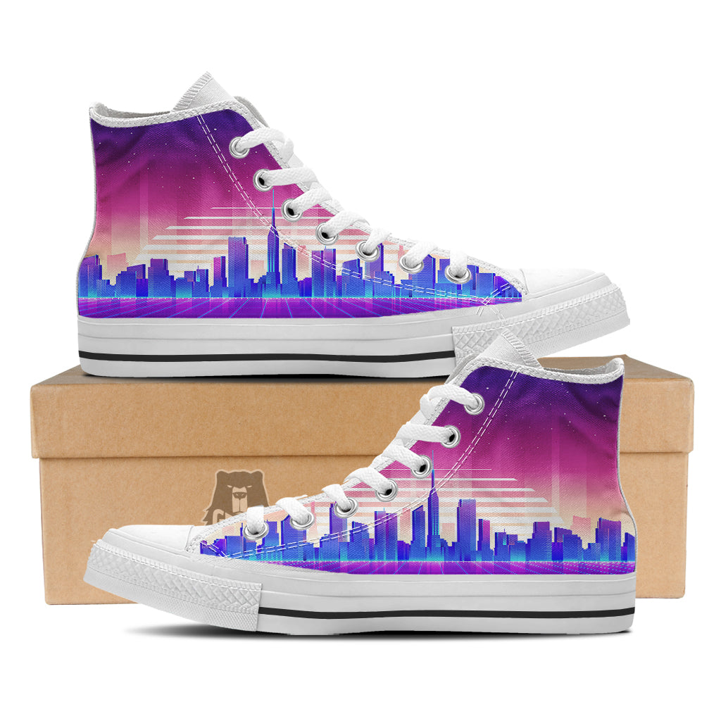 Futuristic City Print White High Top Shoes-grizzshop