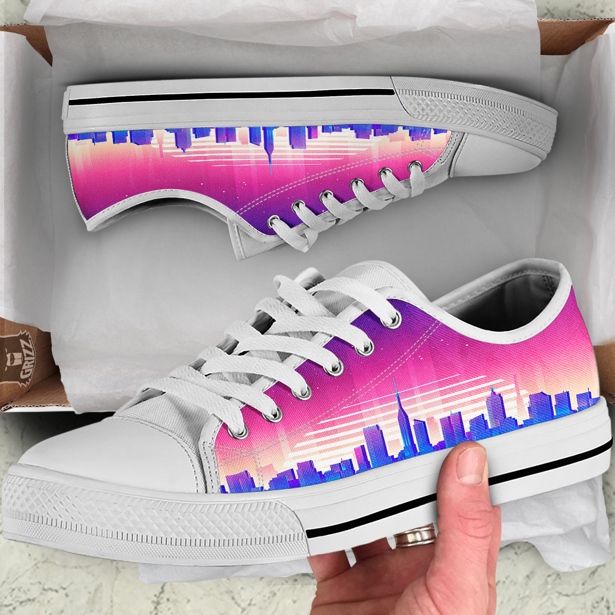 Futuristic City Print White Low Top Shoes-grizzshop
