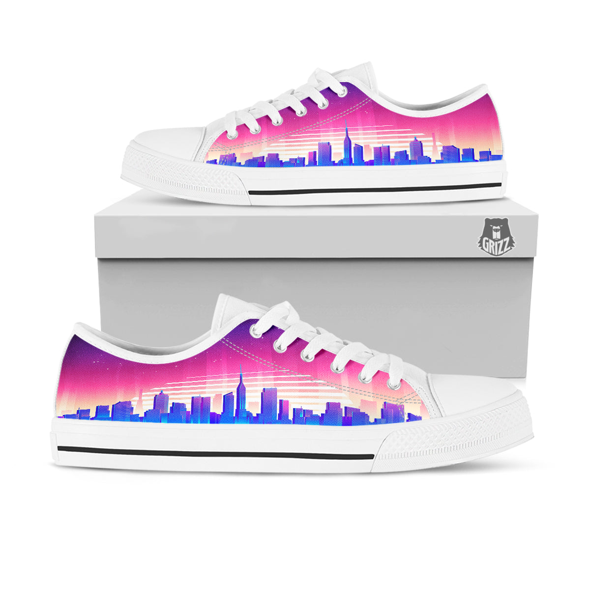 Futuristic City Print White Low Top Shoes-grizzshop