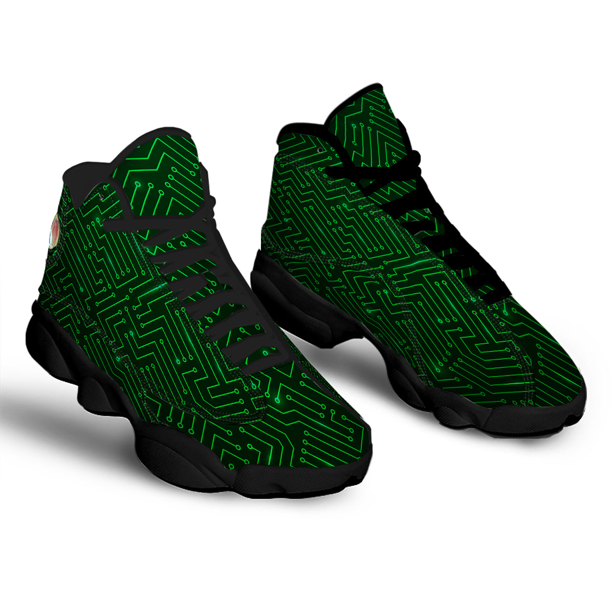 Futuristic Green Circuit Board Print Black Basketball Shoes-grizzshop