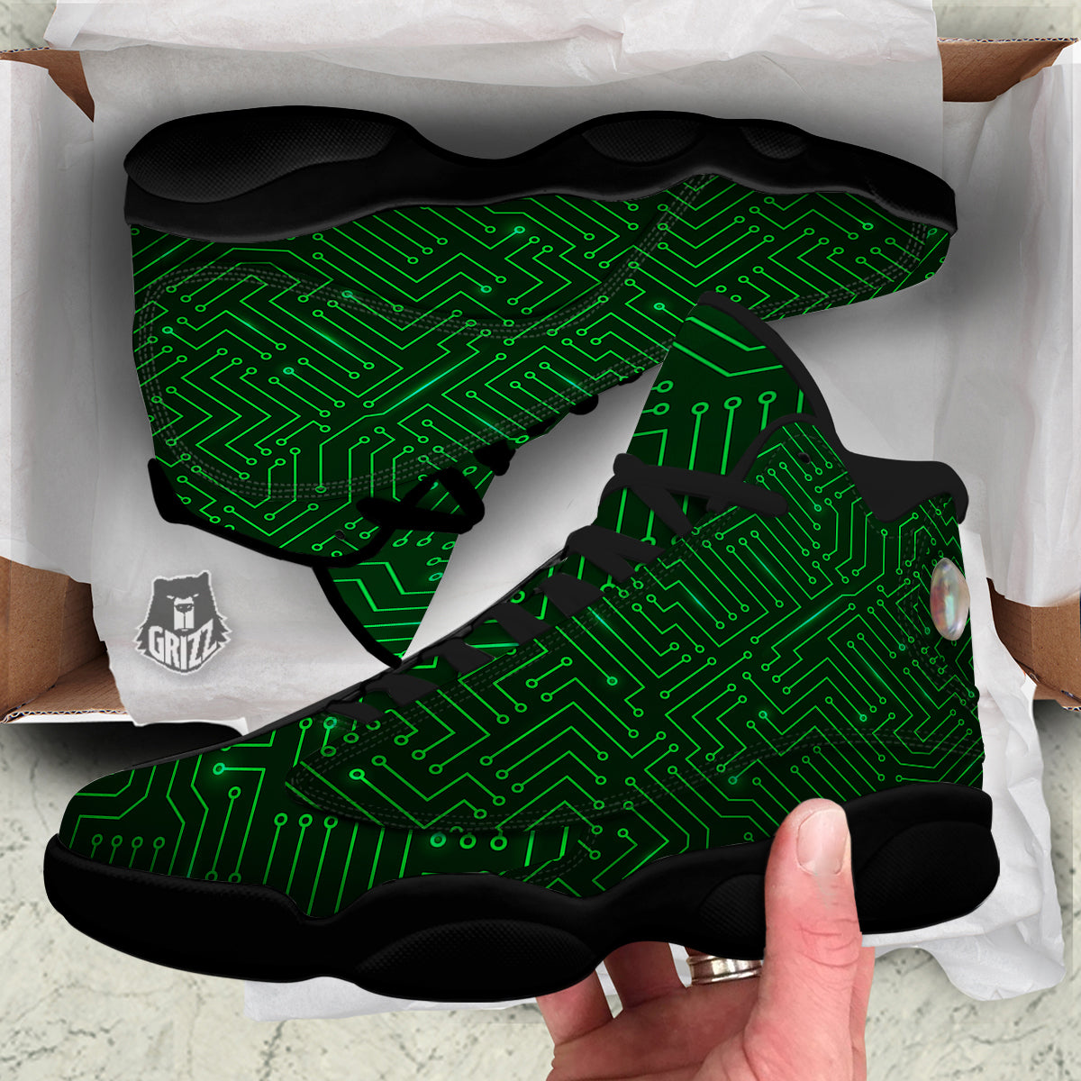 Futuristic Green Circuit Board Print Black Basketball Shoes-grizzshop