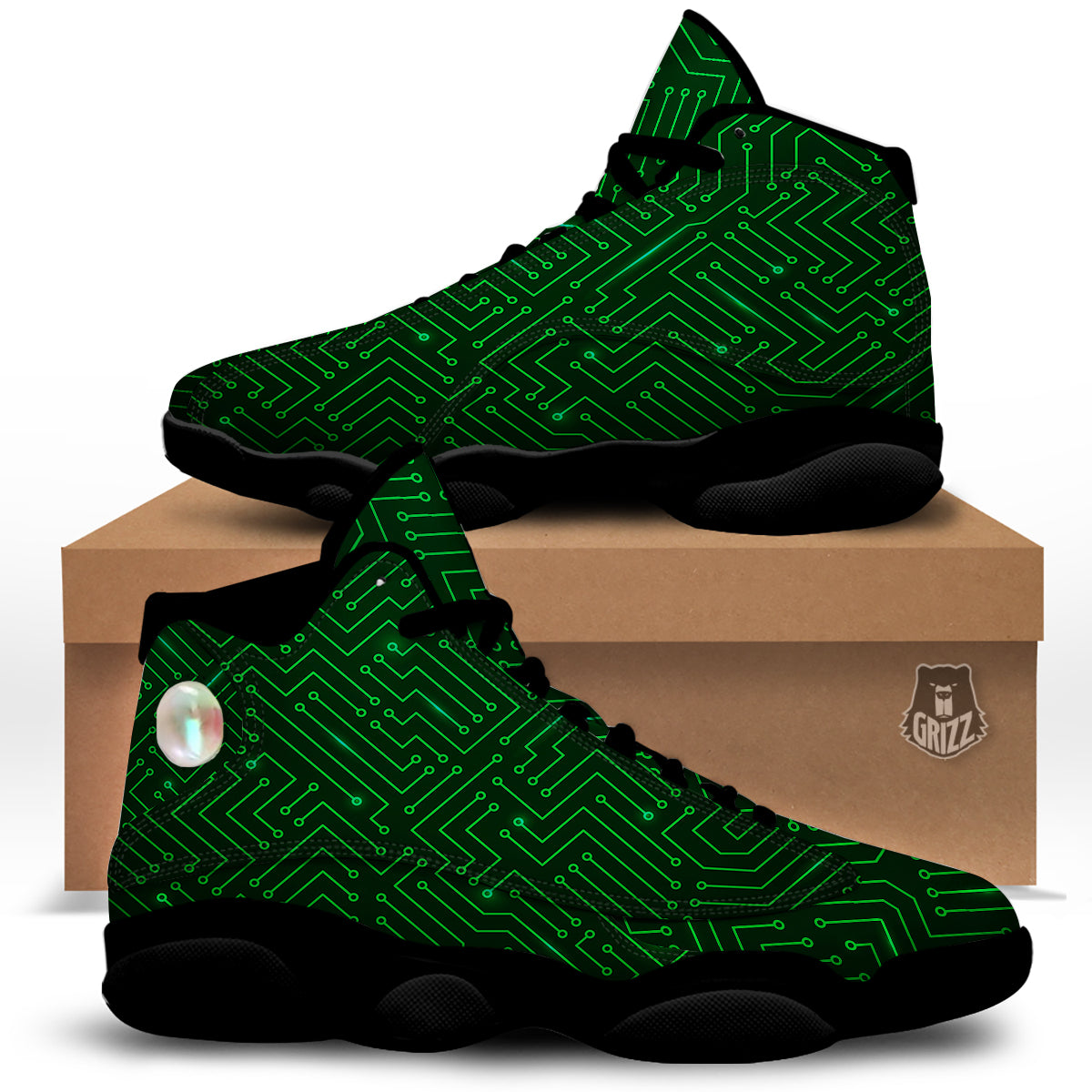 Futuristic Green Circuit Board Print Black Basketball Shoes-grizzshop