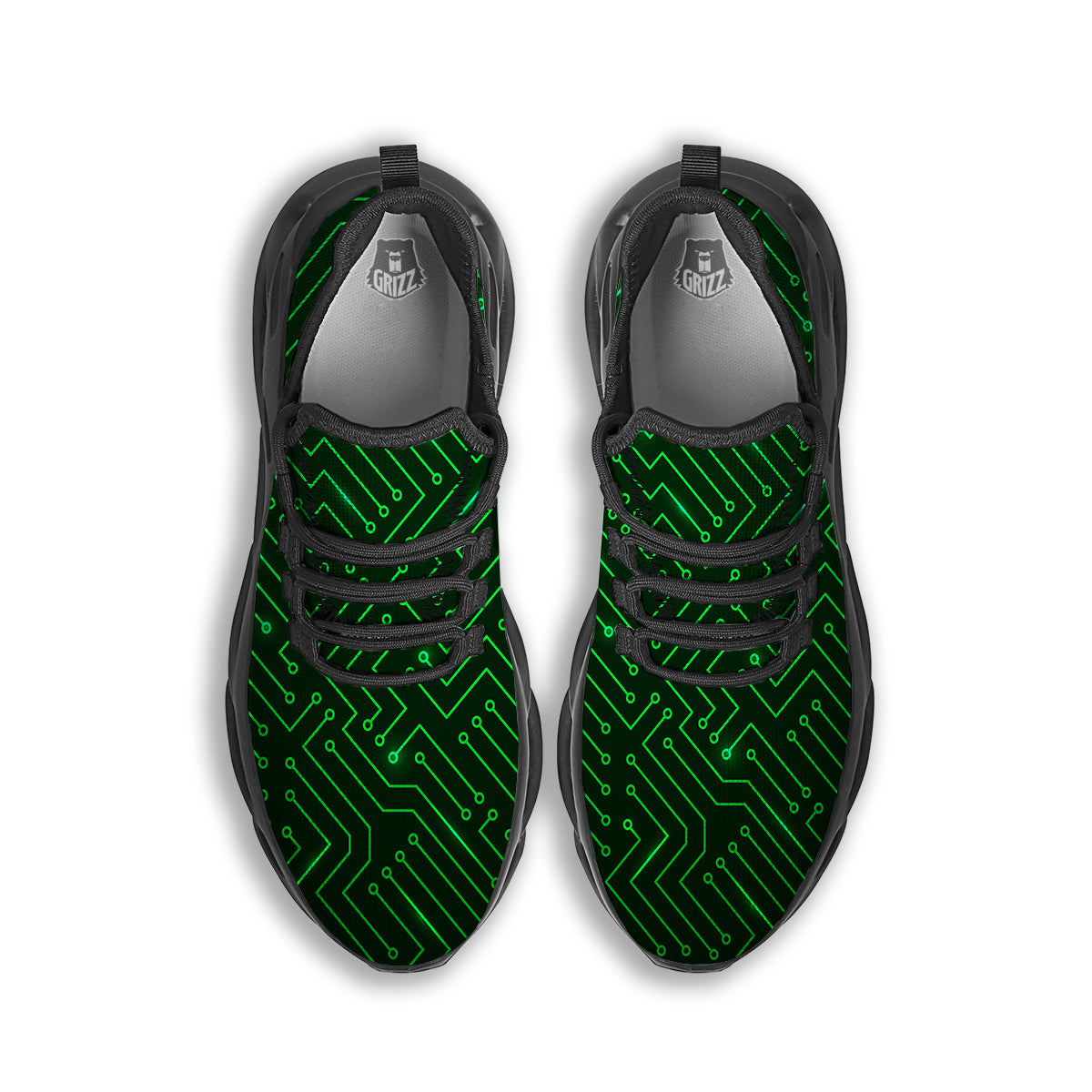 Futuristic Green Circuit Board Print Black Running Shoes-grizzshop
