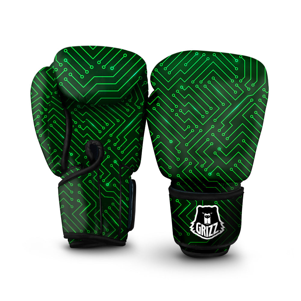 Futuristic Green Circuit Board Print Boxing Gloves-grizzshop