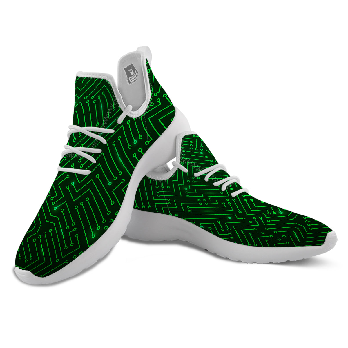 Futuristic Green Circuit Board Print White Athletic Shoes-grizzshop