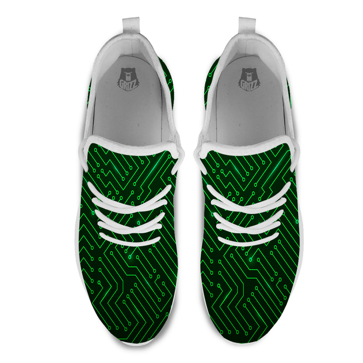 Futuristic Green Circuit Board Print White Athletic Shoes-grizzshop