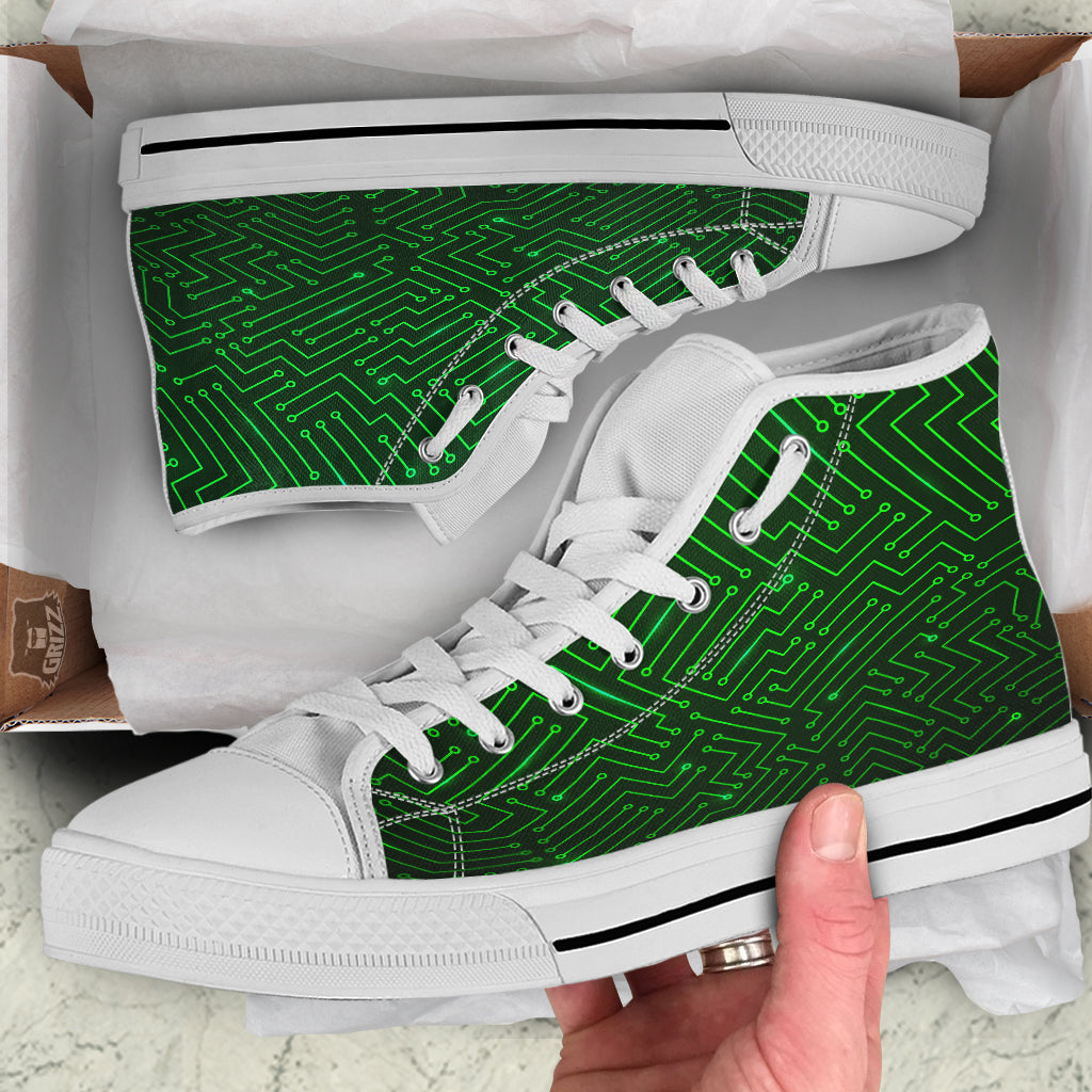 Futuristic Green Circuit Board Print White High Top Shoes-grizzshop