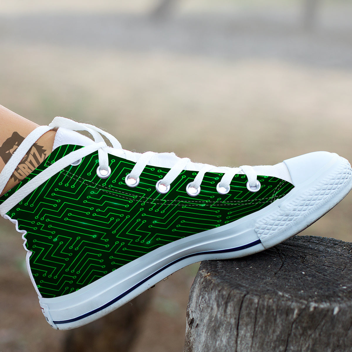 Futuristic Green Circuit Board Print White High Top Shoes-grizzshop