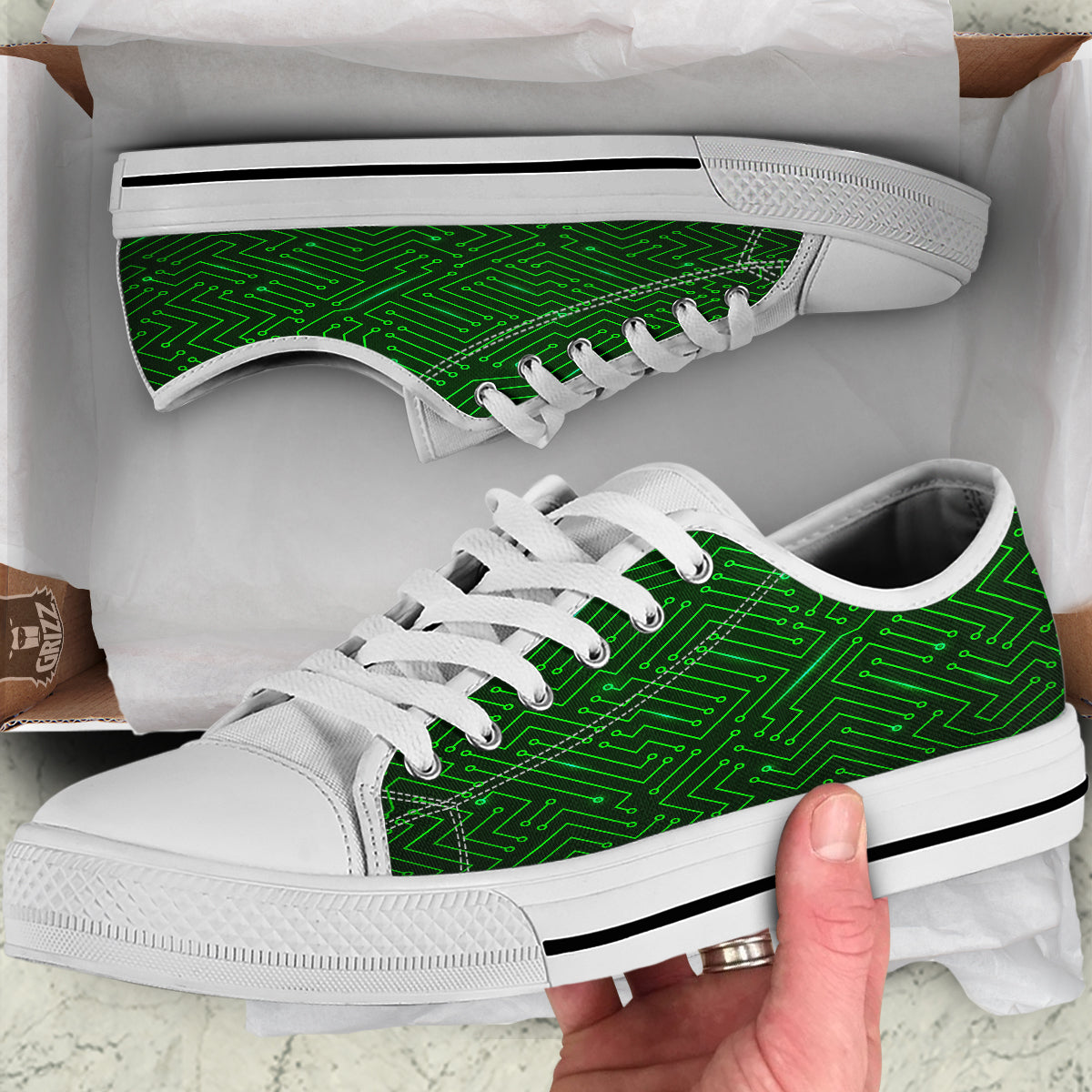 Futuristic Green Circuit Board Print White Low Top Shoes-grizzshop