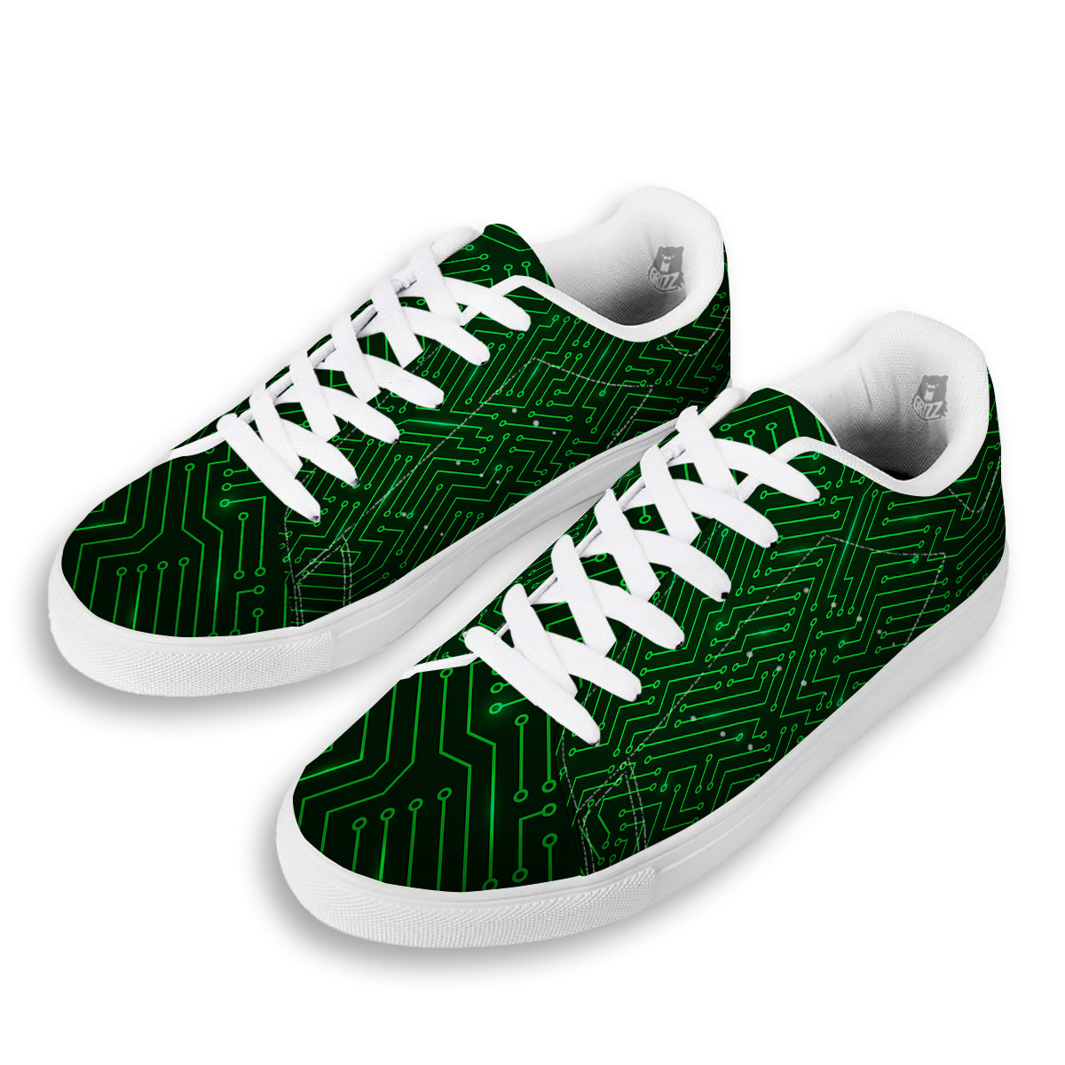 Futuristic Green Circuit Board Print White Low Top Sneakers-grizzshop