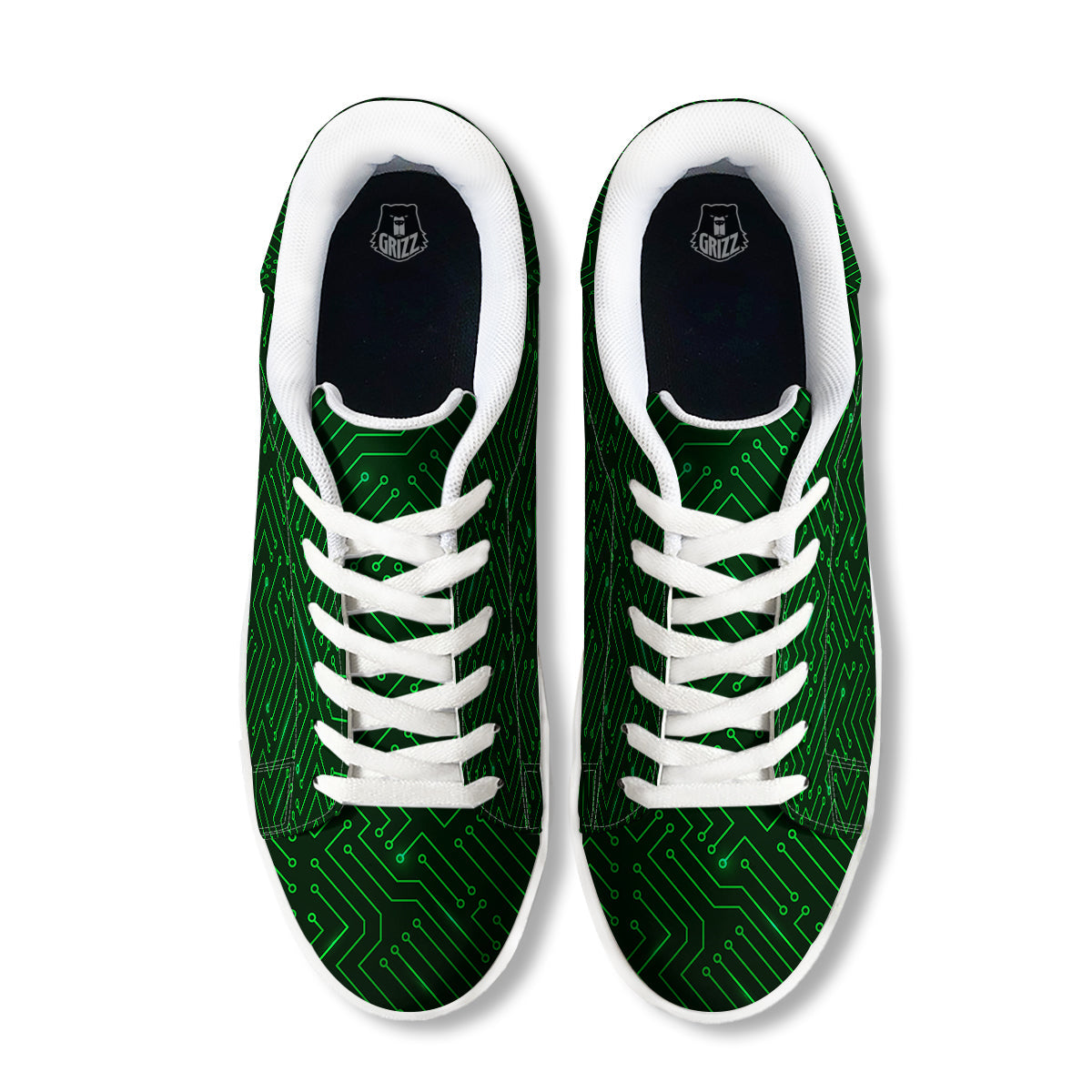 Futuristic Green Circuit Board Print White Low Top Sneakers-grizzshop