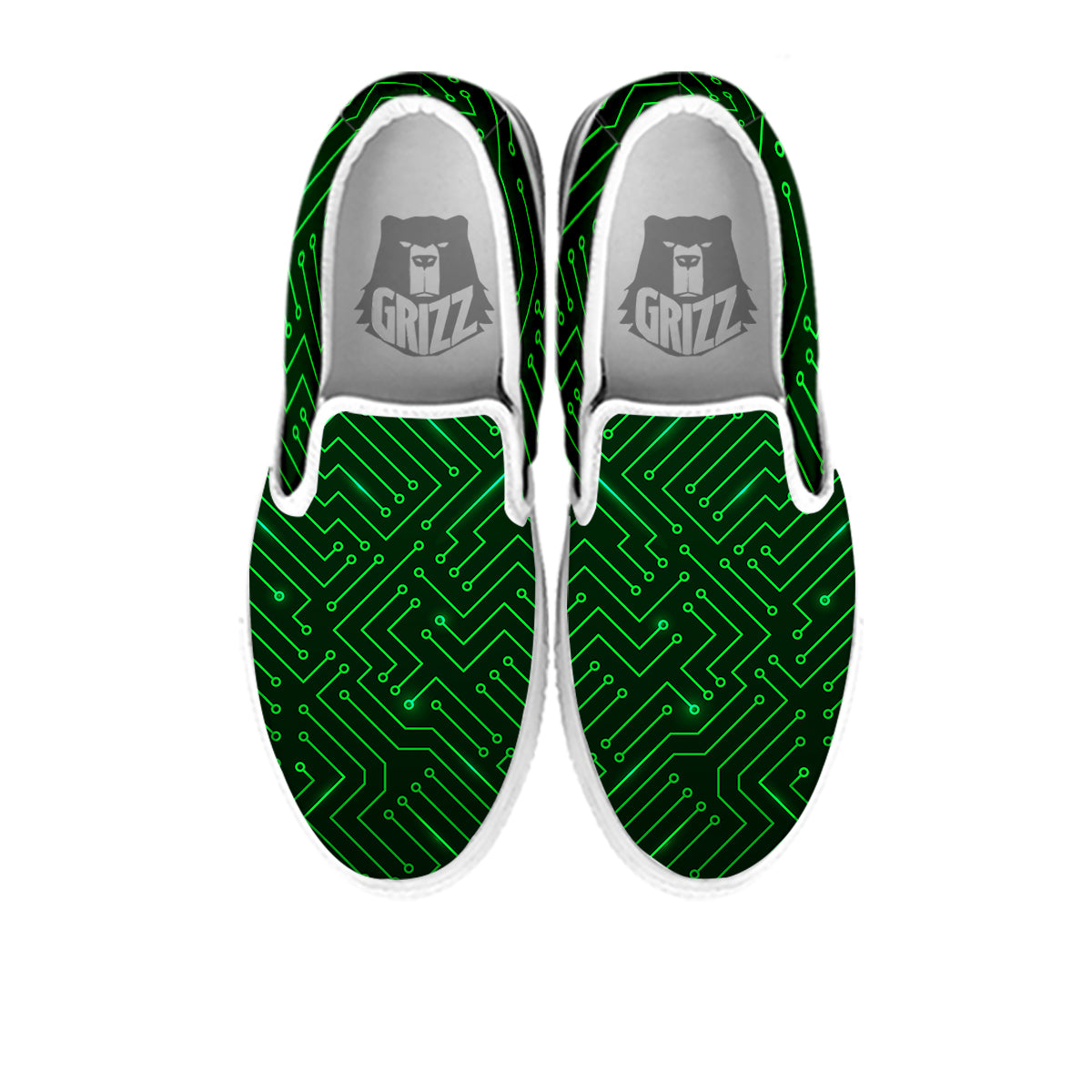 Futuristic Green Circuit Board Print White Slip On Shoes-grizzshop