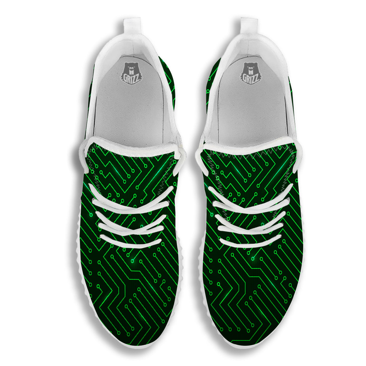 Futuristic Green Circuit Board Print White Walking Shoes-grizzshop