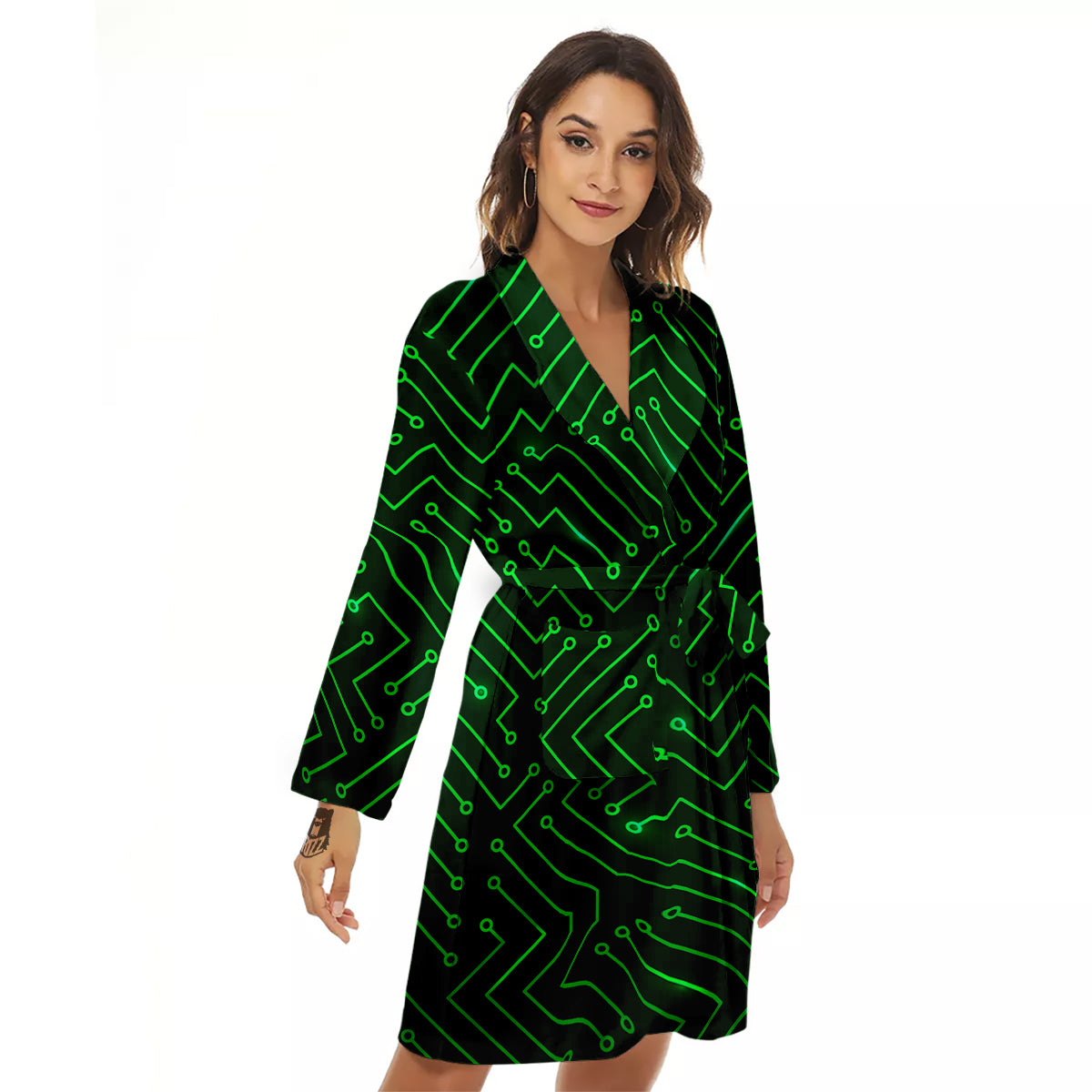 Futuristic Green Circuit Board Print Women's Robe-grizzshop