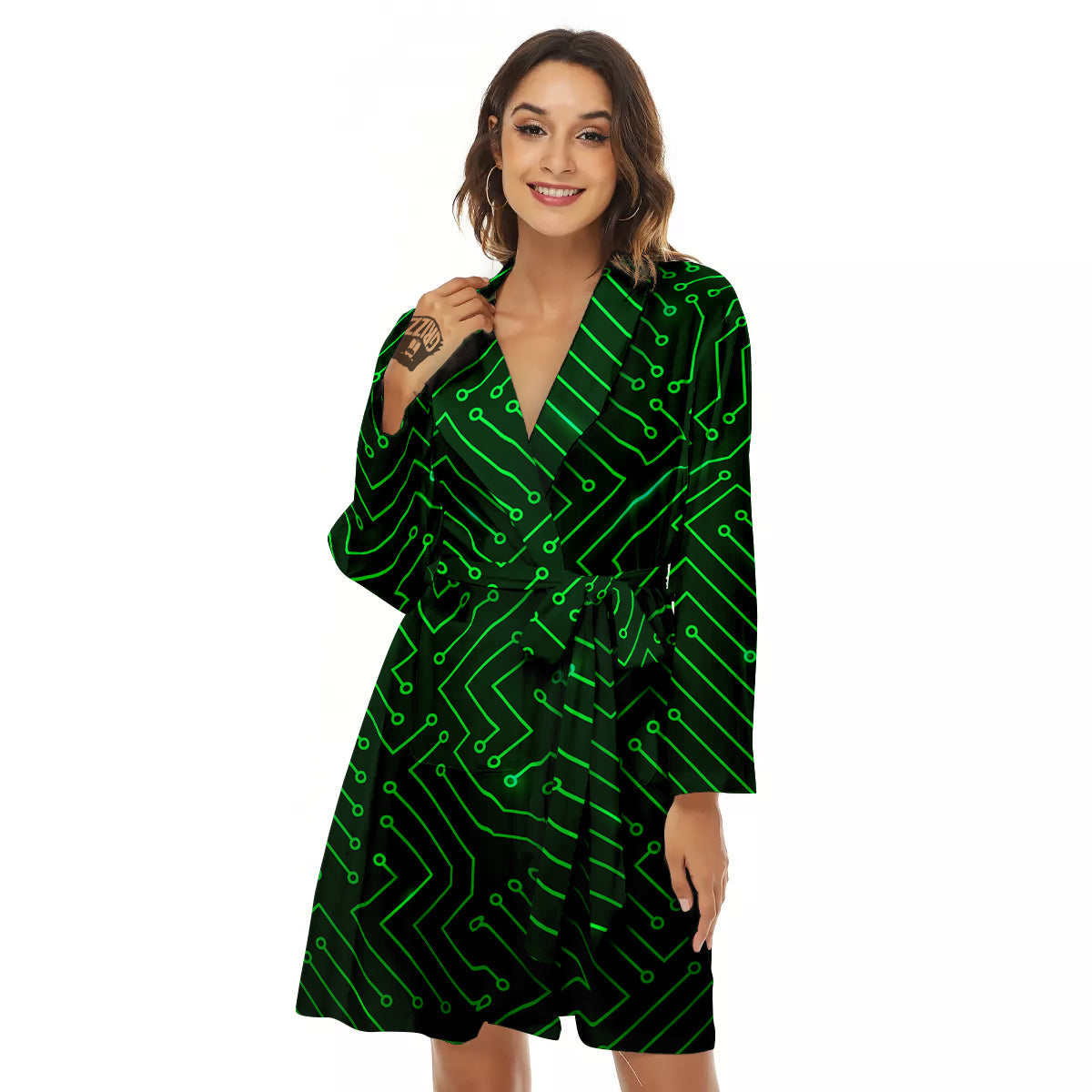 Futuristic Green Circuit Board Print Women's Robe-grizzshop