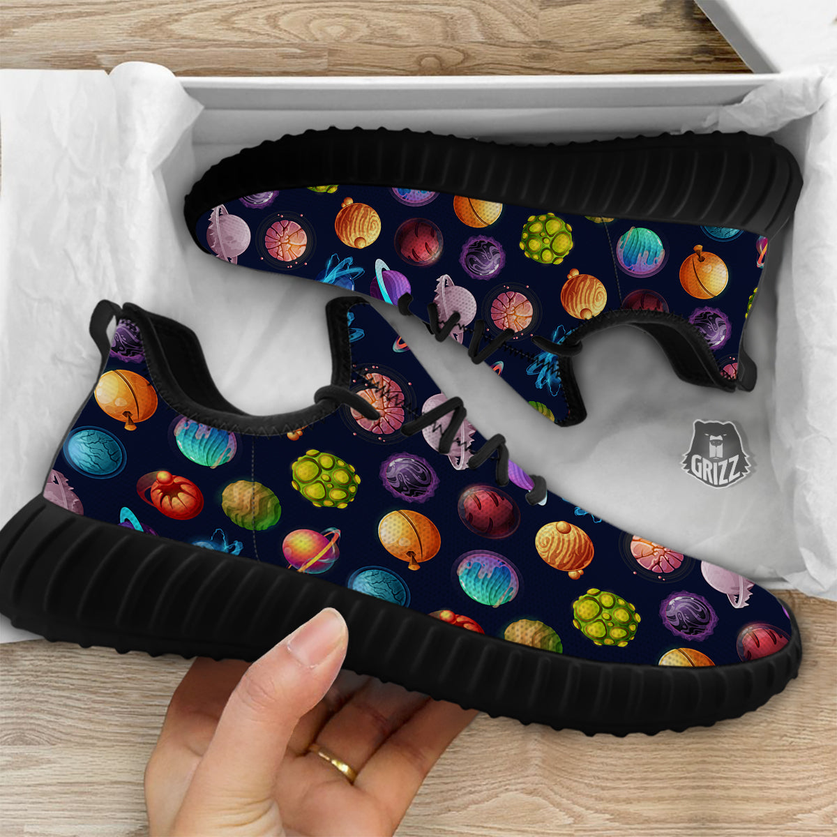 Futuristic Planets And Stars Colorful Print Pattern Black Walking Shoes-grizzshop