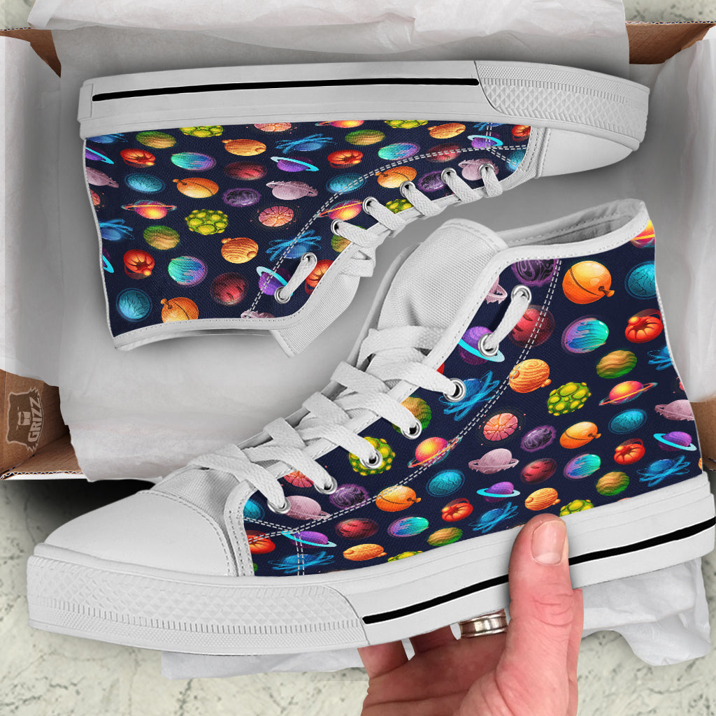 Futuristic Planets And Stars Colorful Print Pattern White High Top Shoes-grizzshop