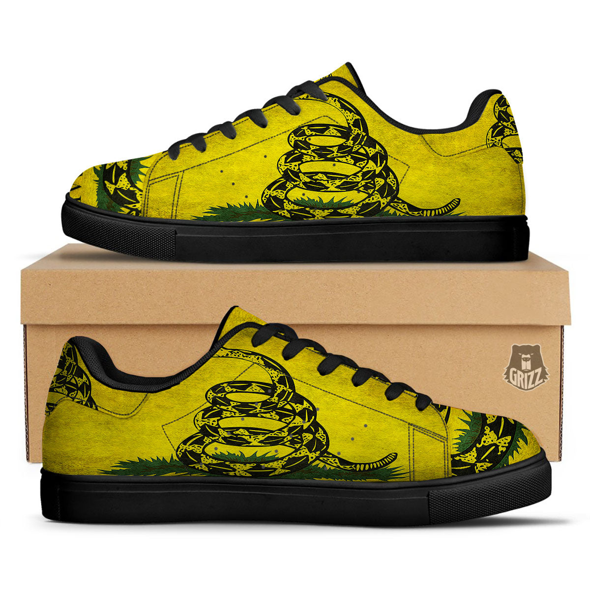Gadsden Flag Grunge Print Black Low Top Sneakers-grizzshop