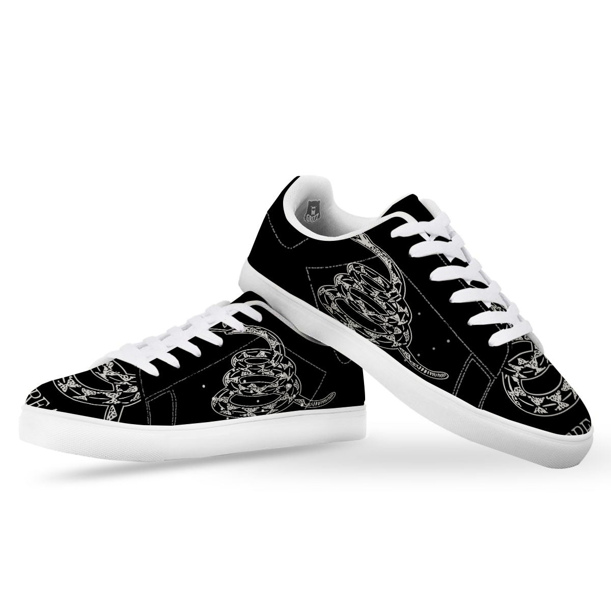 Gadsden Flag White And Black Print White Low Top Sneakers-grizzshop