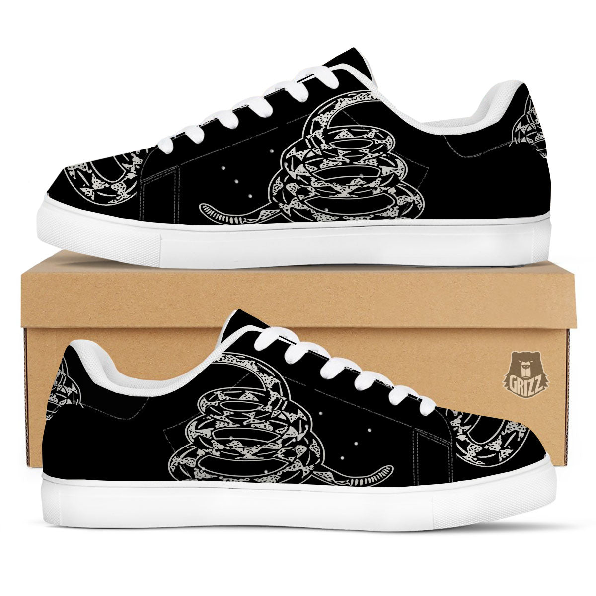 Gadsden Flag White And Black Print White Low Top Sneakers-grizzshop