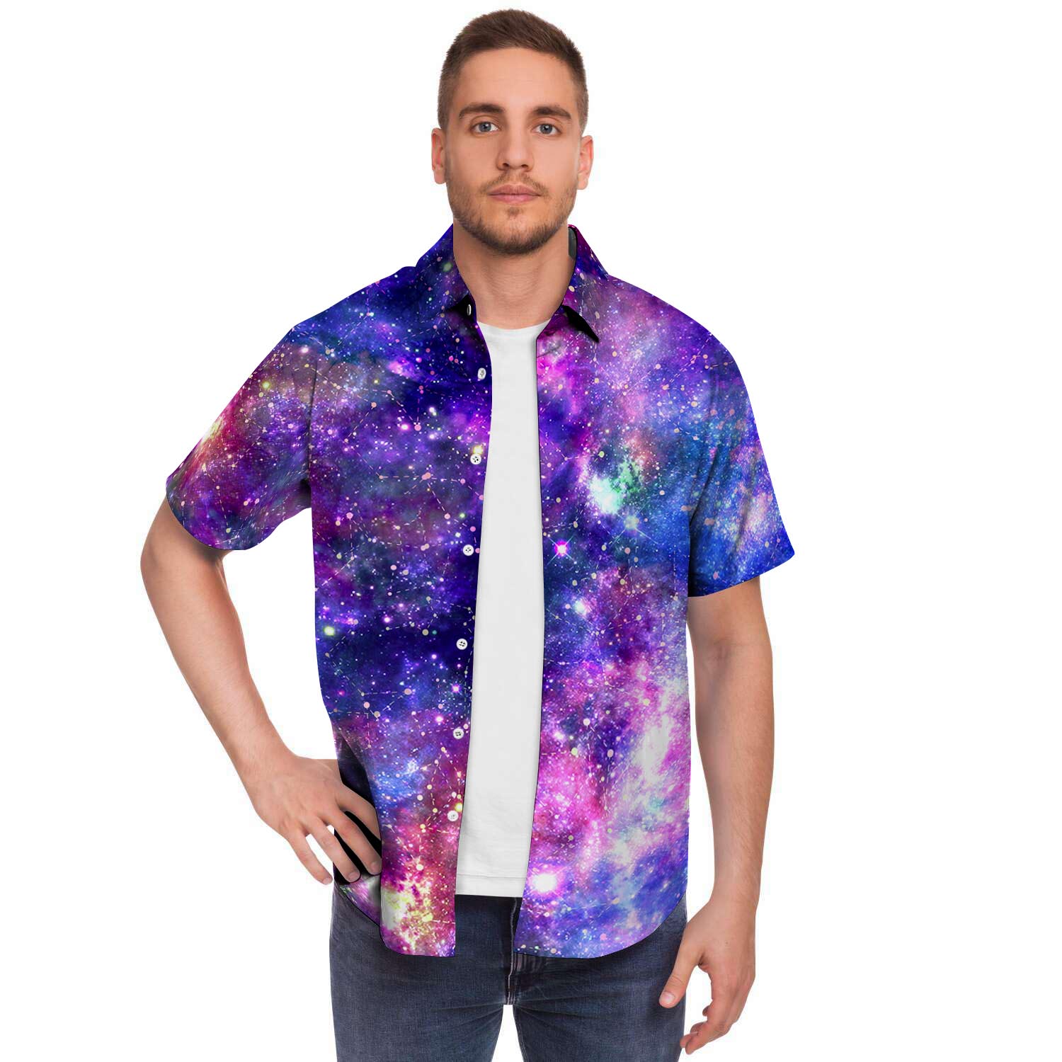 Galaxy Night Print Men's Short Sleeve Shirt-grizzshop