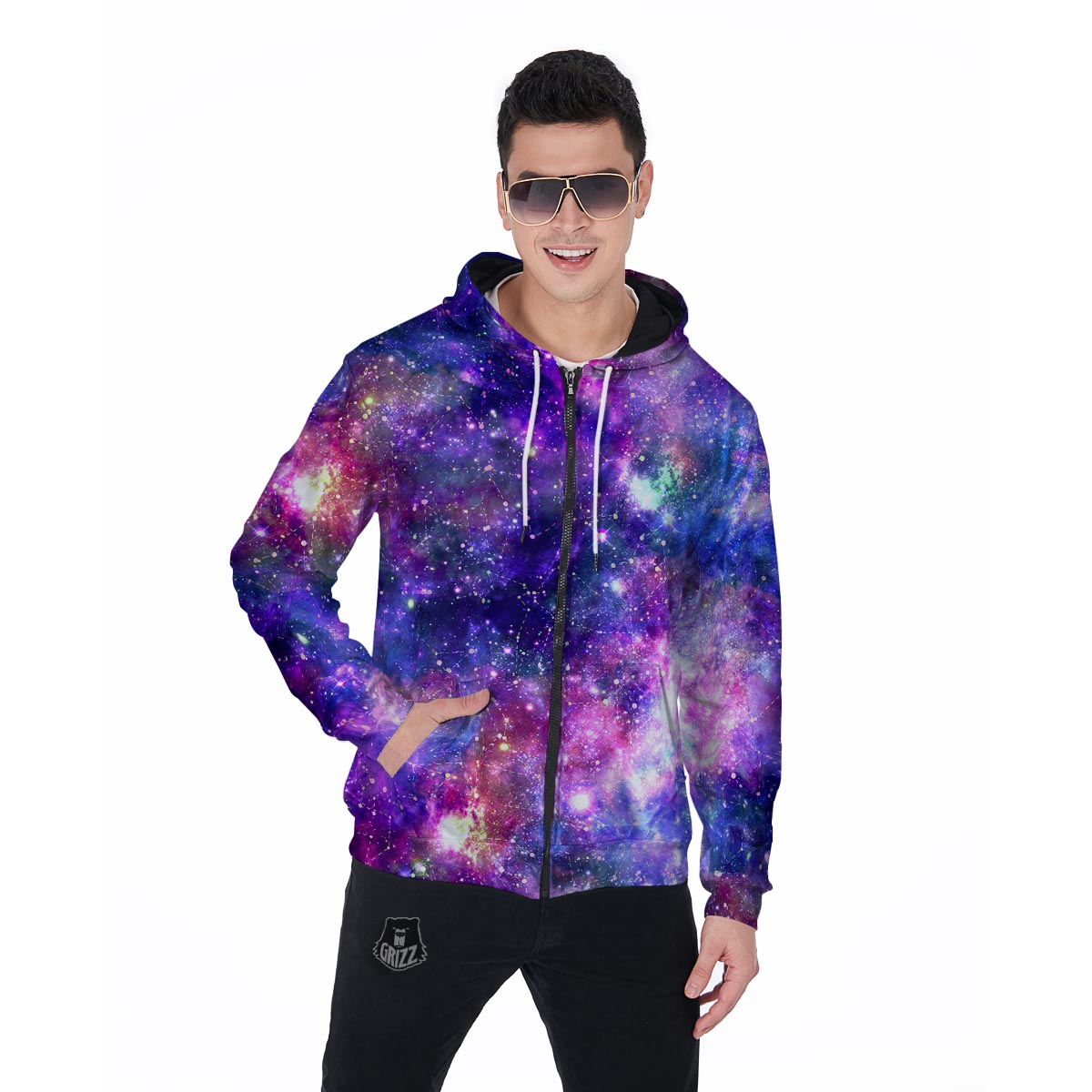 Galaxy Night Print Men's Zip Up Hoodie-grizzshop