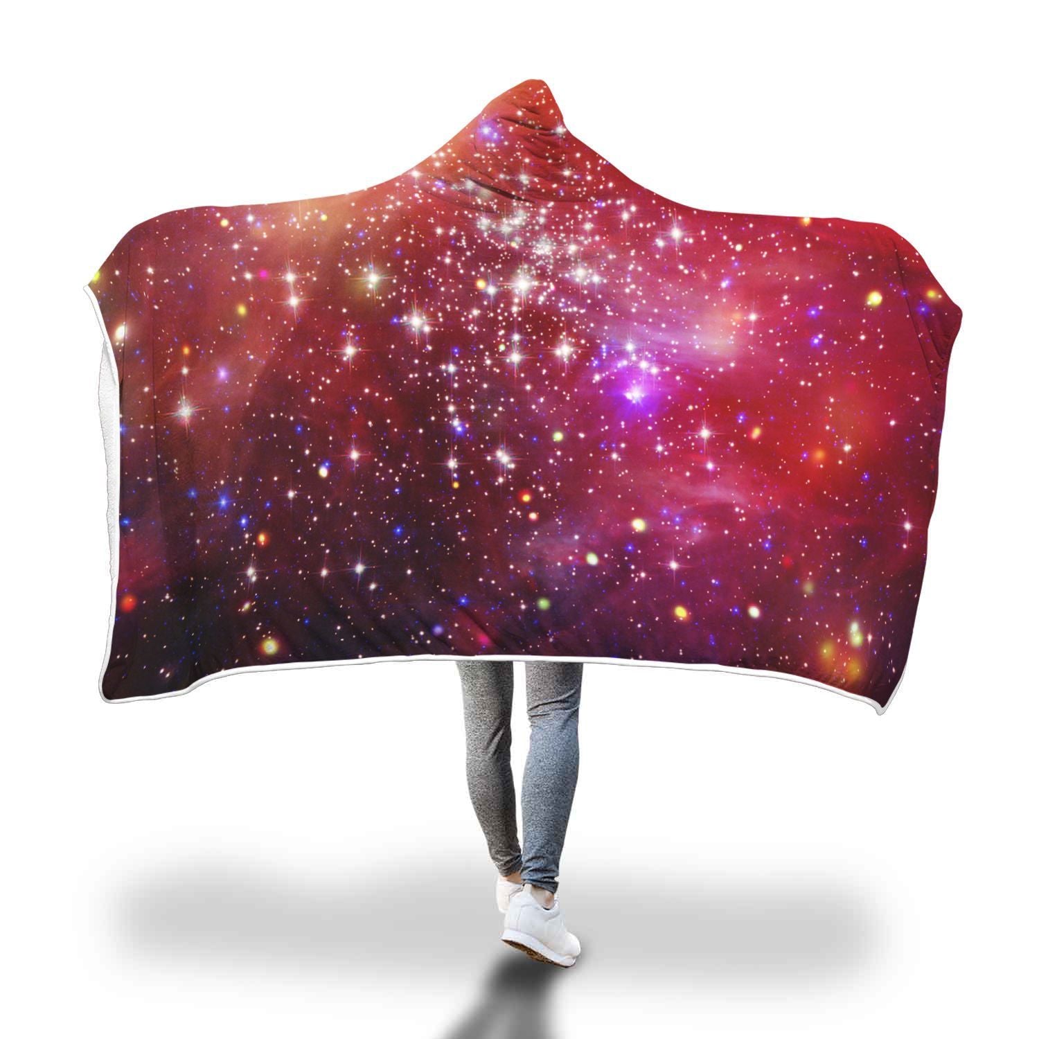 Galaxy Red Stardust Space Print Hooded Blanket-grizzshop
