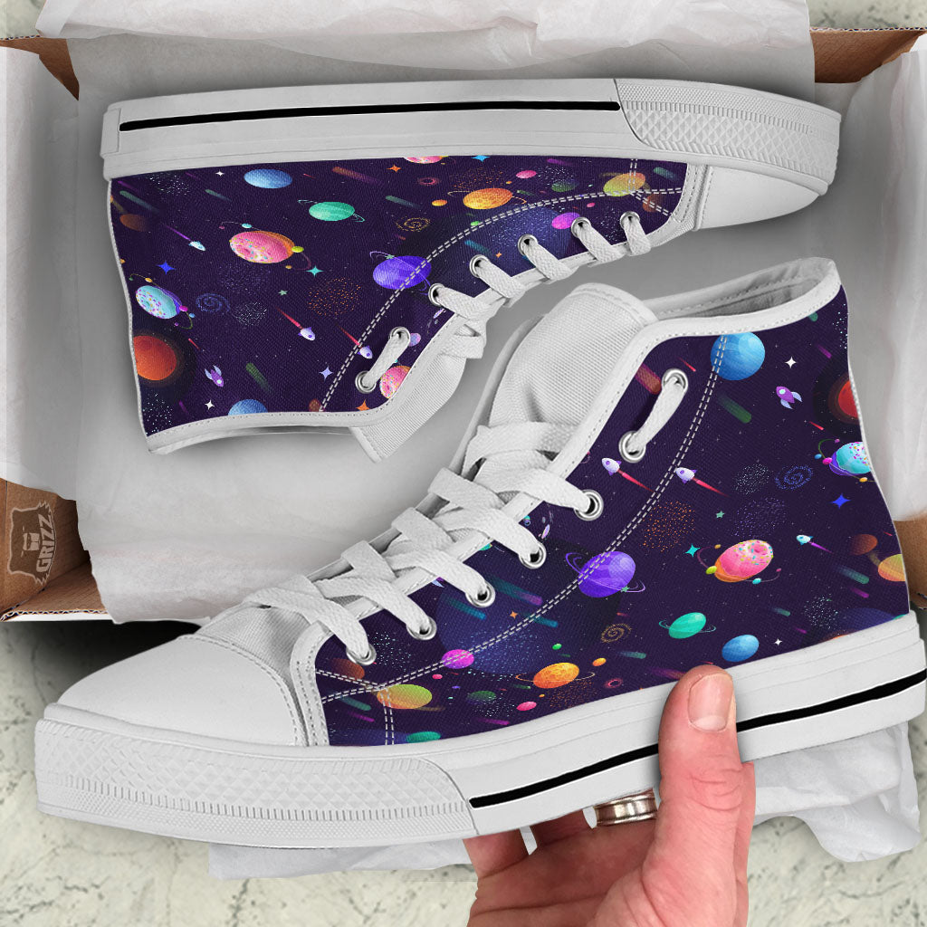 Galaxy Space Abstract Cartoon Print White High Top Shoes-grizzshop