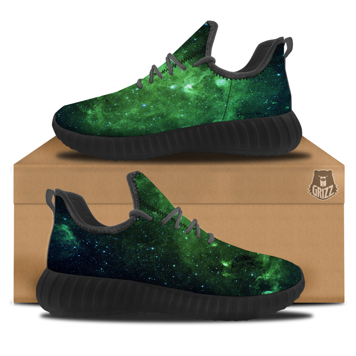 Galaxy Space Dark Green Print Black Walking Shoes-grizzshop