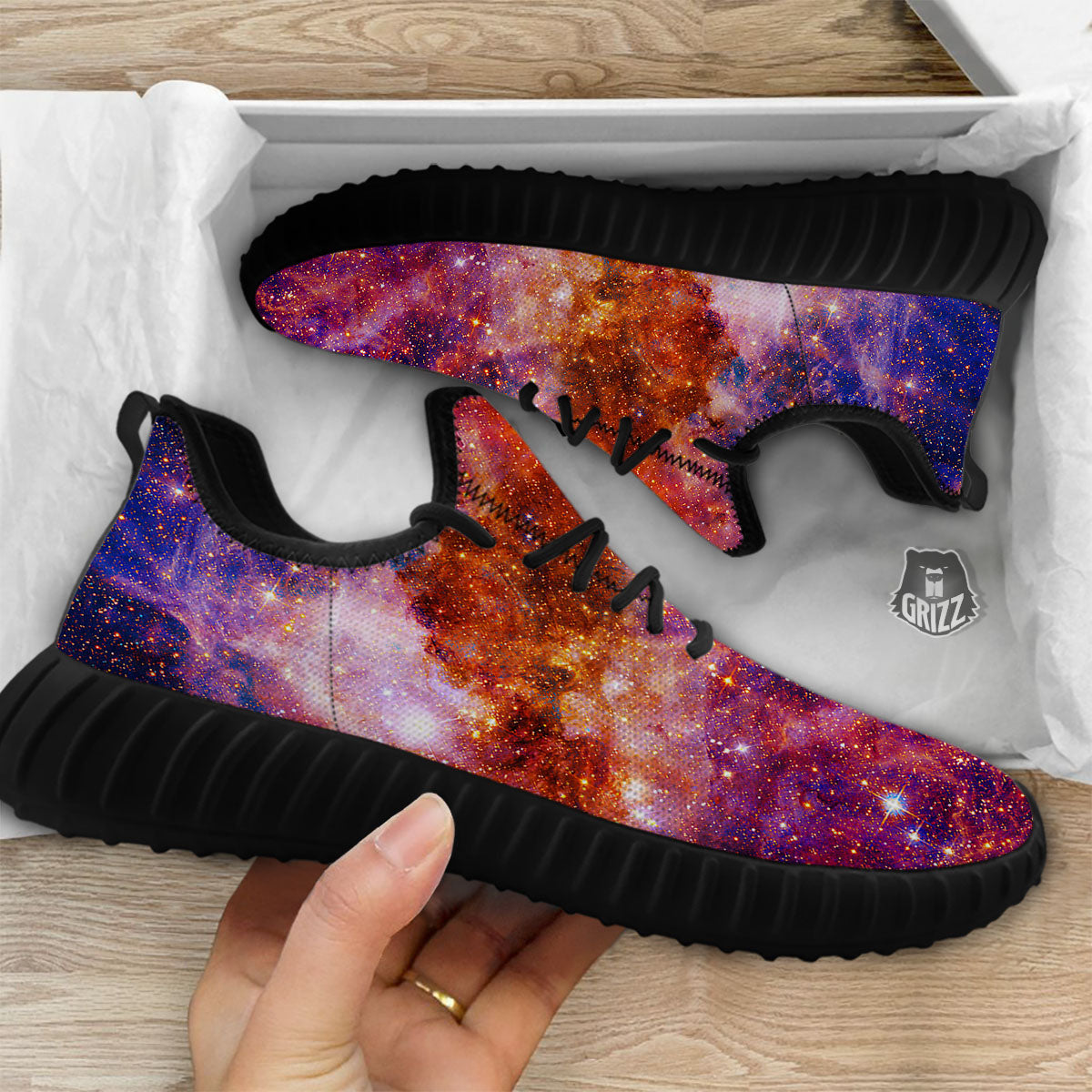 Galaxy Space Fiery Nebula Universe Print Black Walking Shoes-grizzshop