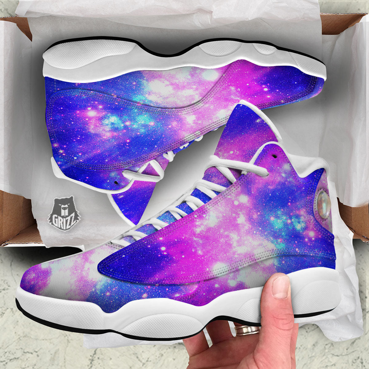 Galaxy Space Purple Bursting Print White Basketball Shoes-grizzshop