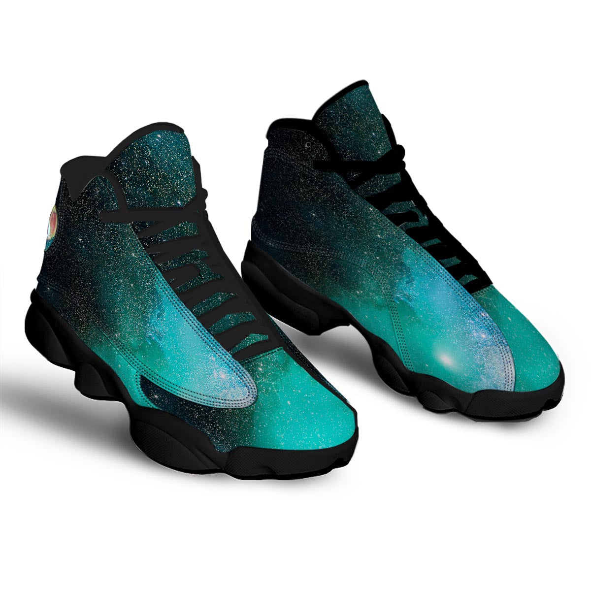 Galaxy Space Teal Stardust Print Black Basketball Shoes-grizzshop