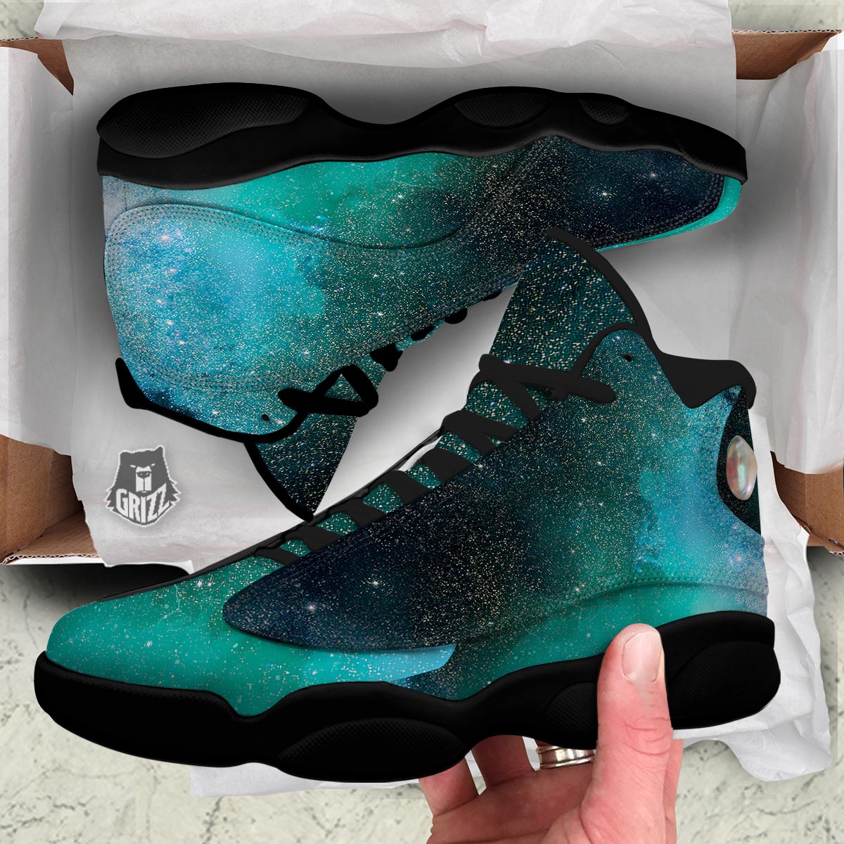 Galaxy Space Teal Stardust Print Black Basketball Shoes-grizzshop