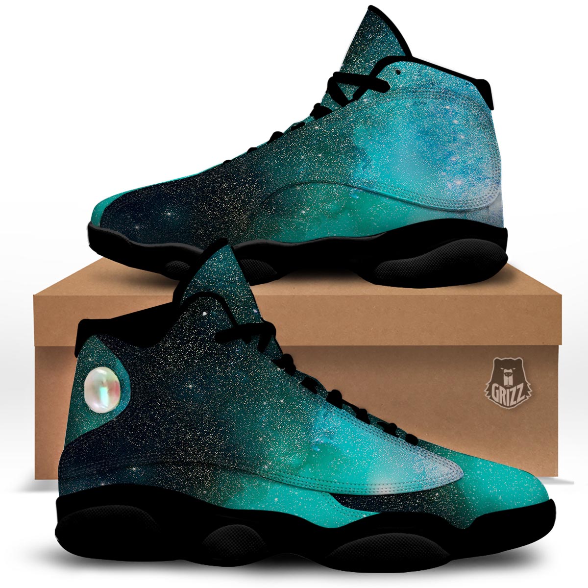 Galaxy Space Teal Stardust Print Black Basketball Shoes-grizzshop