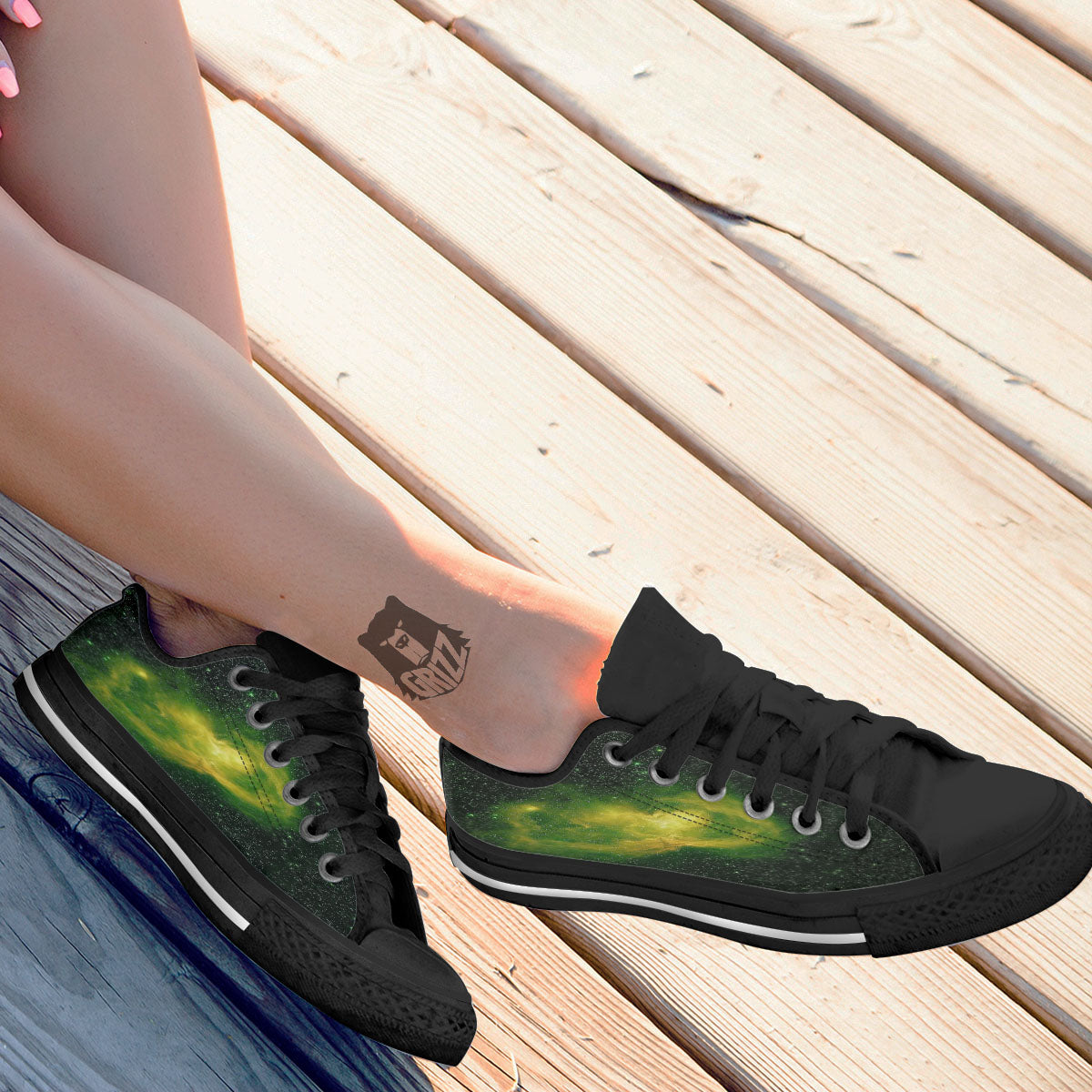 Galaxy Sparkle Green Print Black Low Top Shoes-grizzshop