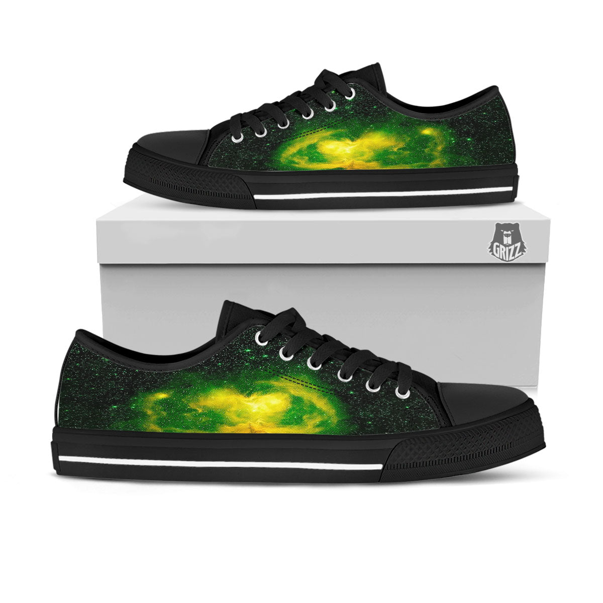 Galaxy Sparkle Green Print Black Low Top Shoes-grizzshop